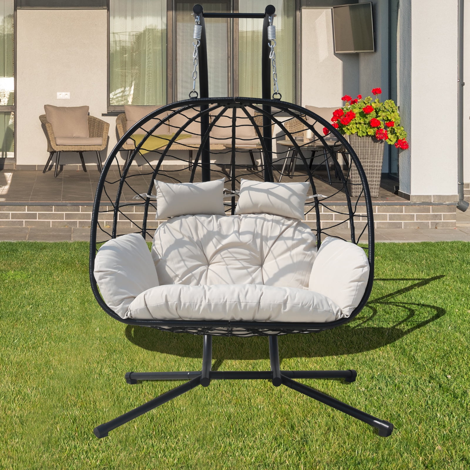 FKSLIFE Outdoor Double Egg Chair with Stand, Hammock Cushion, Patio