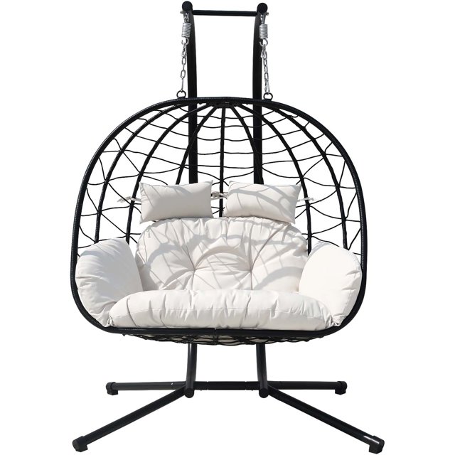 FKSLIFE Double Egg Chair with Stand Hammock Chair Cushion Outdoor Patio