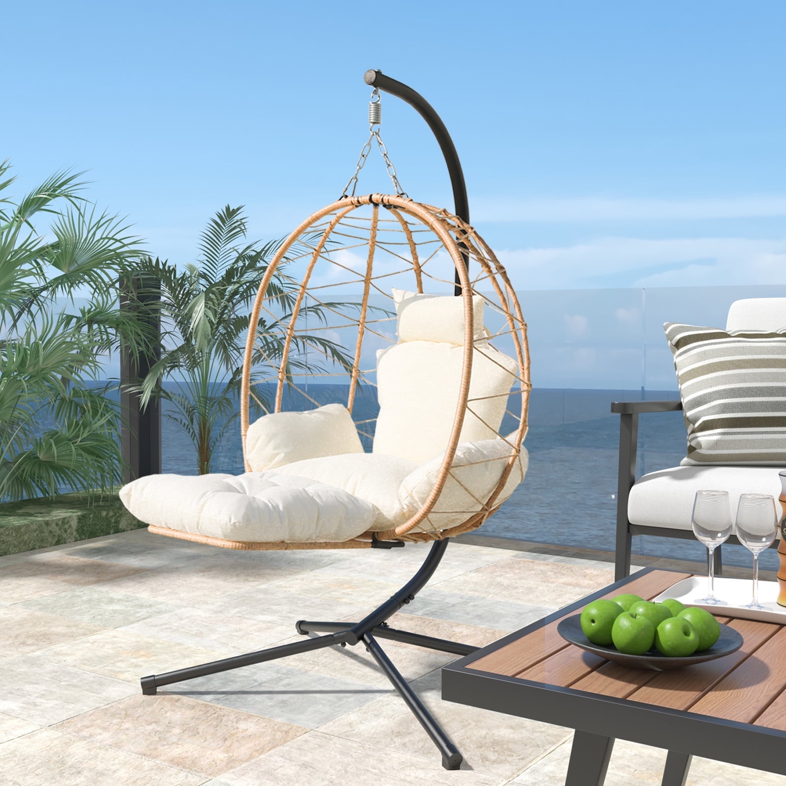 FKSLIFE Hanging Egg Chair with Leg Stand Indoor Outdoor Swing Egg Chair Hammock Basket Seat Chair with Cushion for Porch Balcony Garden Patio