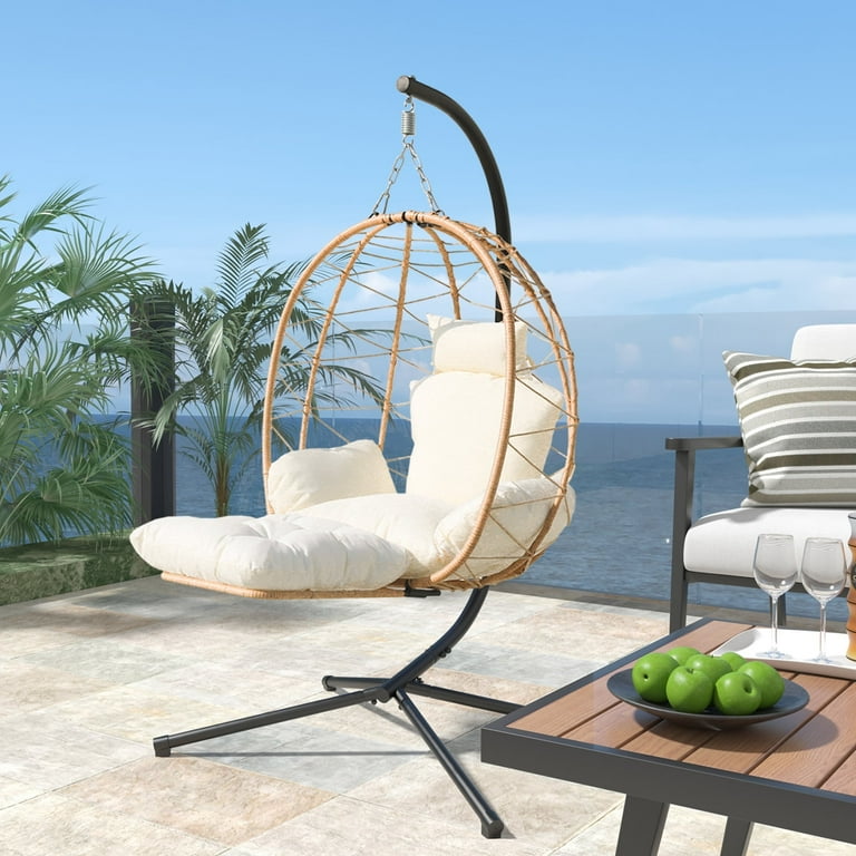 FKSLIFE Hanging Egg Chair with Leg Stand Indoor Outdoor Swing Egg