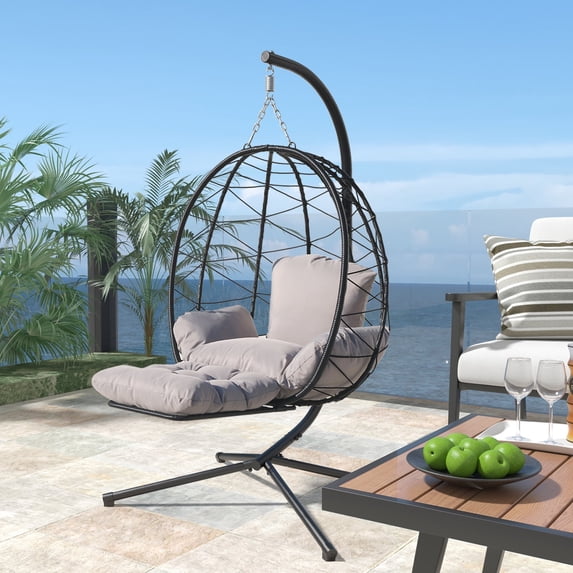 FKSLIFE Hanging Egg Chair with Leg Stand Indoor Outdoor Swing Egg Chair Hammock Basket Seat Chair with Cushion for Porch Balcony Garden Patio