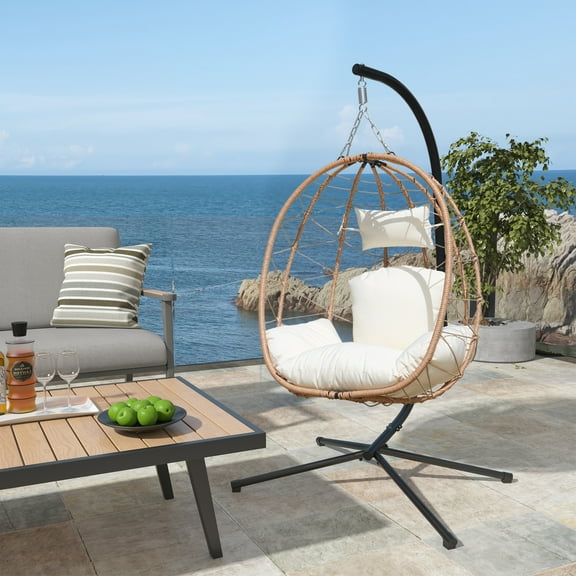 FKSLIFE Hanging Egg Chair with Leg Stand Indoor Outdoor Swing Egg Chair Hammock Basket Seat Chair with Cushion for Porch Balcony Garden Patio