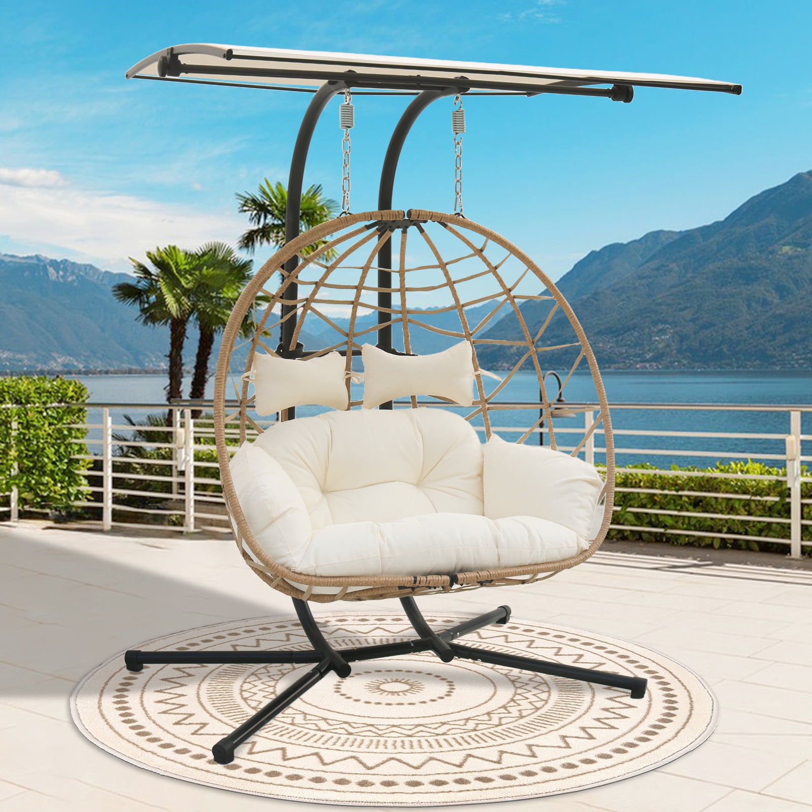 FKSLIFE Double Hanging Egg Chair Swing, Stand, Canopy, Cushion, Indoor