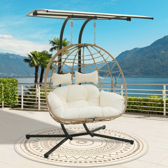 FKS LIFE Outdoor Indoor Double Hanging Egg Chair Swing With Stand Canopy Cushion for Patio Garden Bedroom Living Room Max 680lbs