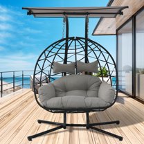 FKSLIFE Outdoor Indoor Double Hanging Egg Chair Swing With Stand Canopy Cushion for Patio Garden Bedroom Living Room Max 680lbs