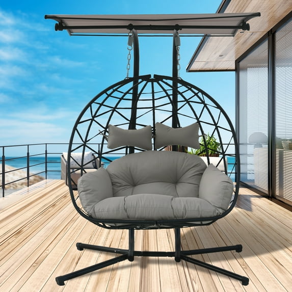 FKSLIFE Outdoor Indoor Double Hanging Egg Chair Swing With Stand Canopy Cushion for Patio Garden Bedroom Living Room Max 680lbs