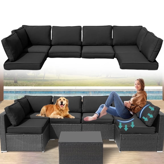 FKSLIFE Patio Furniture Replacement Cushions Outdoor Sectional Ratten Conversation Set Water-Resistant Sofa Cushions Liner and Cover Black 14 Piece
