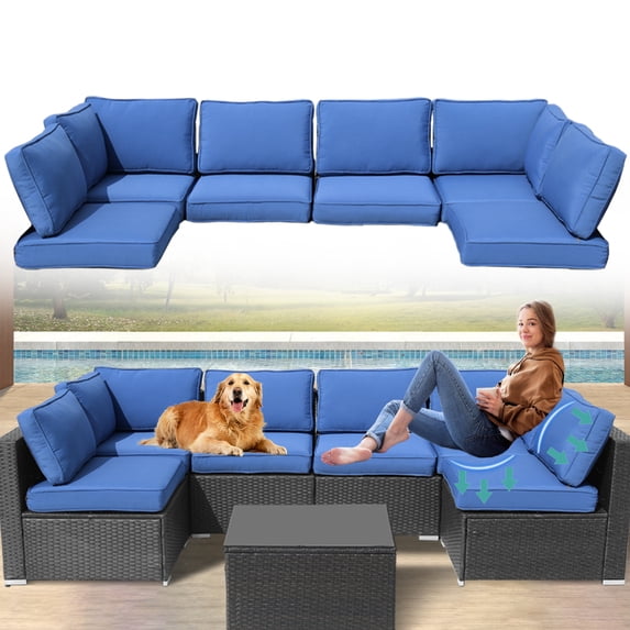 FKSLIFE Patio Furniture Replacement Cushions Outdoor Sectional Ratten Conversation Set Water-Resistant Sofa Cushions Liner and Cover Blue 14 Piece