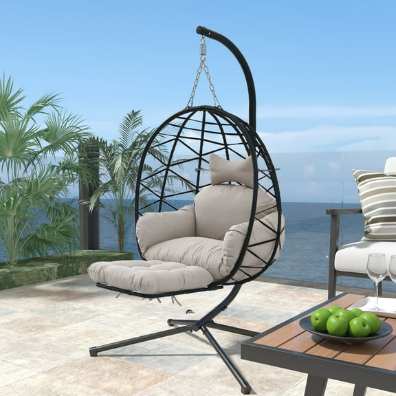 FKSLIFE Rattan Egg Hanging Chair with Stand Outdoor Swing Egg Chair, Indoor Wicker Hammock Chair with Cushion
