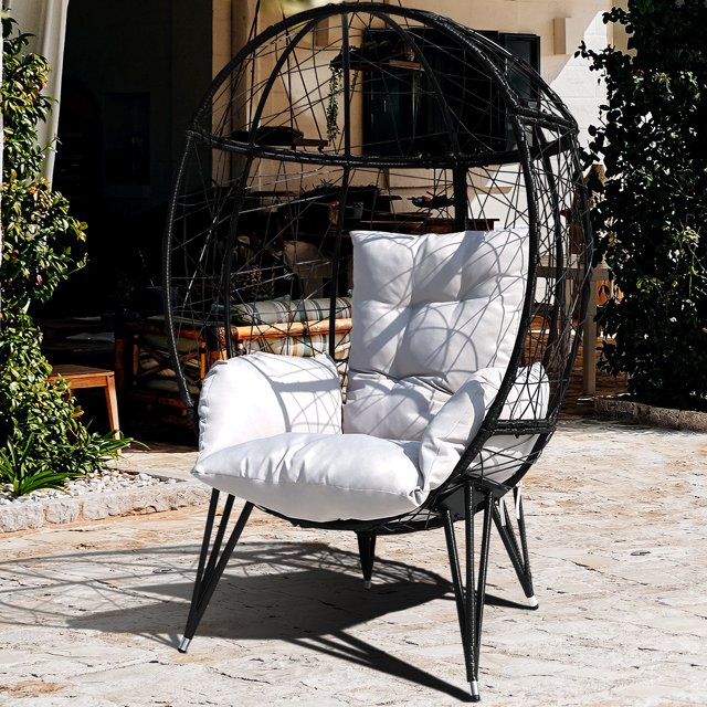 FKSLIFE Wicker Egg Chair Outdoor Indoor Swing Chair with Stand Cushion
