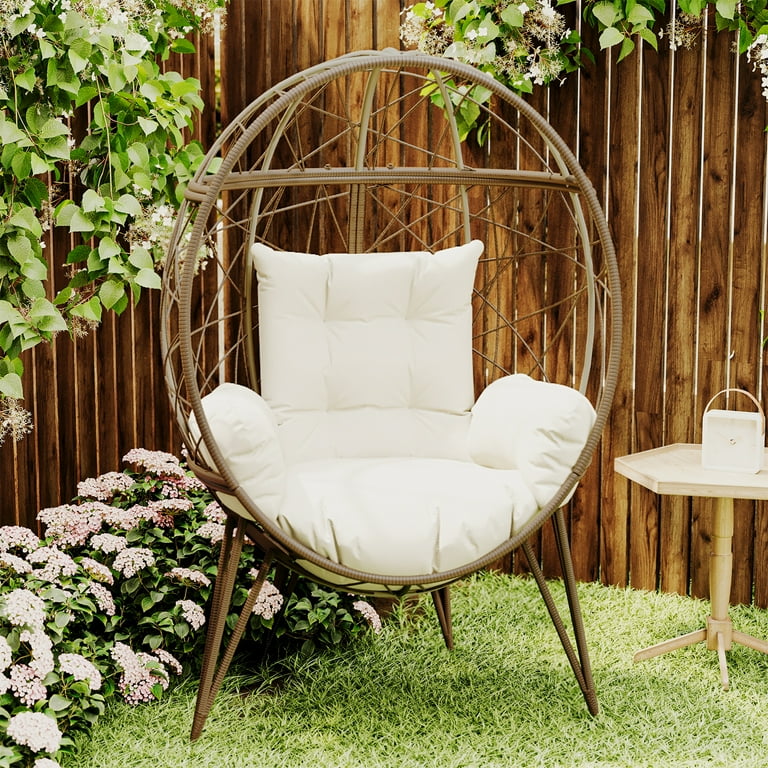 FKSLIFE Wicker Egg Chair Outdoor Indoor Swing Chair with Stand Cushion Pillow for Patio Garden Backyard Brown and Yellow