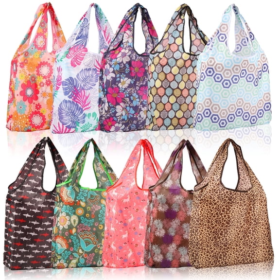 FKSZLL 10 Pack Reusable Grocery Bags with Handle, Large Capacity Shopping Bags, Foldable Washable Polyester Tote Bags Eco-Friendly, for Outdoor Travel Groceries Storage Camping