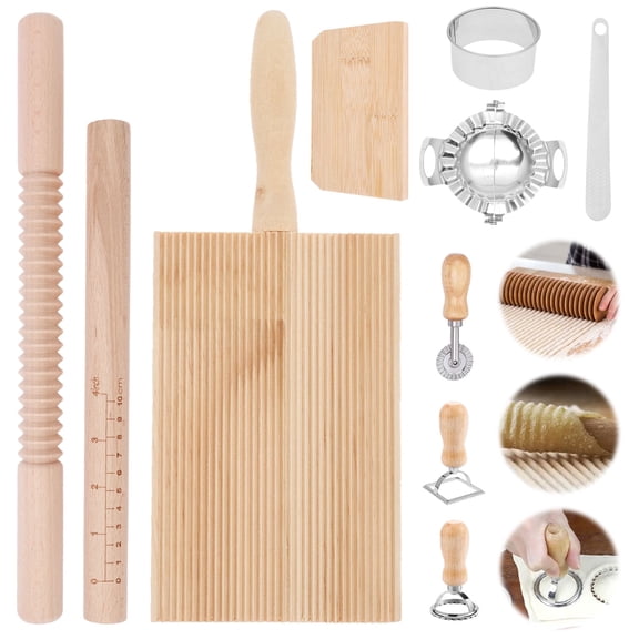 10 Pcs Gnocchi Pasta Making Tools kit, Gnocchi Board, Pasta Cutter, Ravioli Stamp, Wood Threaded Pasta Roller Pin Set, Noodle and Dumplings Maker,Homemade Kitchen Gift for Pasta Lovers