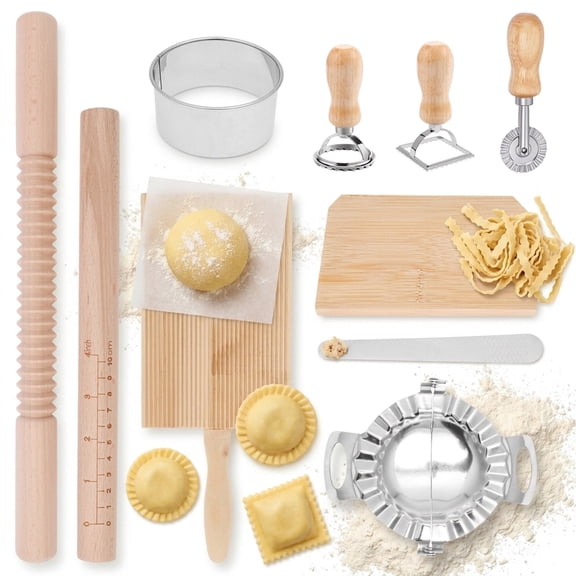 10 Pcs Gnocchi Pasta Making Tools kit, Gnocchi Board, Pasta Cutter, Ravioli Stamp, Wood Threaded Pasta Roller Pin Set, Noodle and Dumplings Maker,Homemade Kitchen Gift for Pasta Lovers