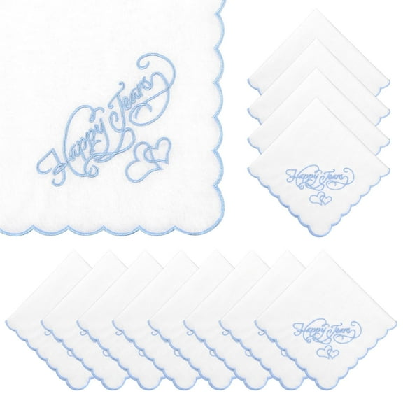 FKSZLL 12Pcs Elegant Cotton Handkerchiefs with Happy Tears Embroiderd Wedding Handkerchiefs with Blue Fan Shape Edges 11"x 11" Square Handkerchiefs for Wedding Day Bride