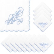 FKSZLL 12Pcs Elegant Cotton Handkerchiefs with Happy Tears Embroiderd Wedding Handkerchiefs with Blue Fan Shape Edges 11x 11 Square Handkerchiefs for Wedding Day Bride