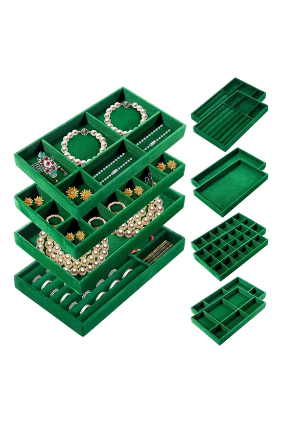 Jewelry Drawer Organizer Inserts, 12 Pack Stackable Velvet Jewelry Trays for Drawers, Organization Storage Display Case Box for Earring, Necklace, Ring, Bracelet, Watch (Green)