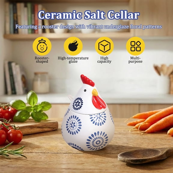 17 Oz Ceramic Chicken Salt Cellar With Lid and Spoon Ceramic Rooster Shape Spice Jars for Salt Sugar Coffee Countertop, Blue