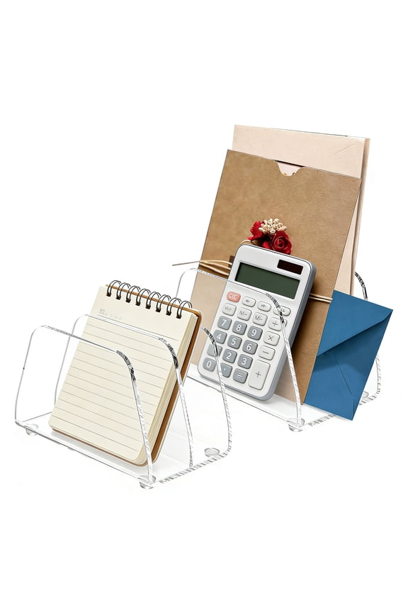 2 Pcs Acrylic Mail Sorter Desktop Organizer Holder, 2 Compartments Clear Desk Organizer File Envelope Letter Storage Holders for Desk for Office, Home, Desk Organization