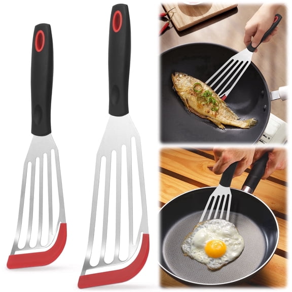 Fkszll 2 Pcs Silicone Fish Spatula Heat Resistant Silicone Edge,  Flexible and Thin Stainless Steel Kitchen Cooking Spatula Flipper for Fish, Egg, Pancake