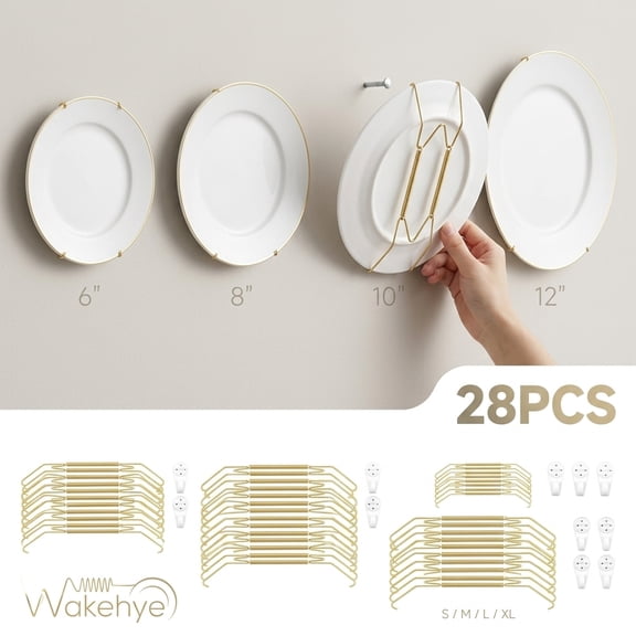 28 Pcs Plate Hangers for The Wall, Heavy Duty Invisible Plate Holders Metal Spring Hanger with Hook, 6/8/10/12 Inch