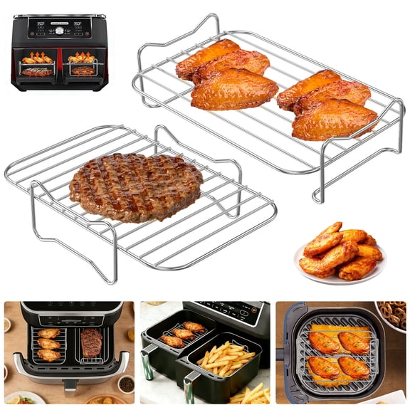 Double Layer Air Fryer Rack with Skewers, 2 Pack 8x5 Inch Wire Holder for 8-10 Quart Large Oven