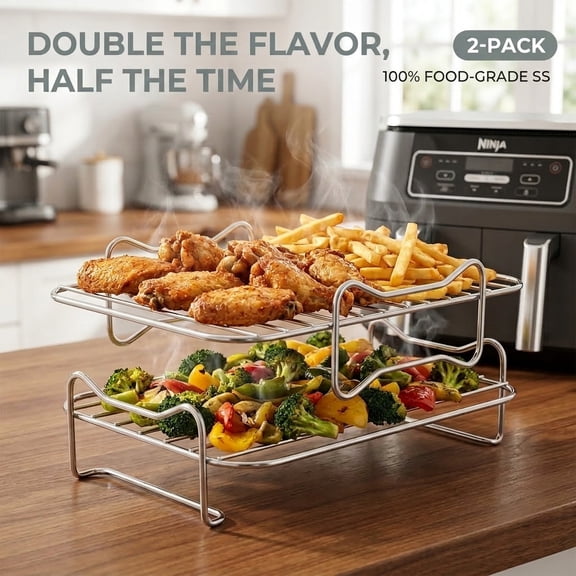 2Pcs Stainless Steel Air Fryer Grill Rack Stackable Double Basket Air Fryer Rack Dishwasher Safe for 8.5L-10L Home