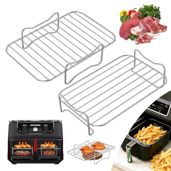 Air Fryer Rack XL Air Fryer Accessories Set of 2, Double Layer Rack with Skewer, Stackable Metal Holder,Dishwasher Safe