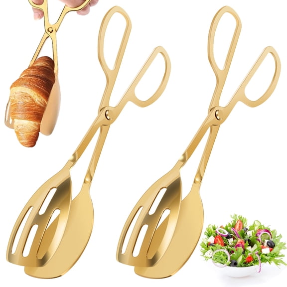 FKSZLL 2Pcs Stainless Steel Salad Tongs 10 Inch Gold Serving Tongs for Buffet, Kitchen Tongs for Cooking, Serving Utensils for Wedding Party Catering