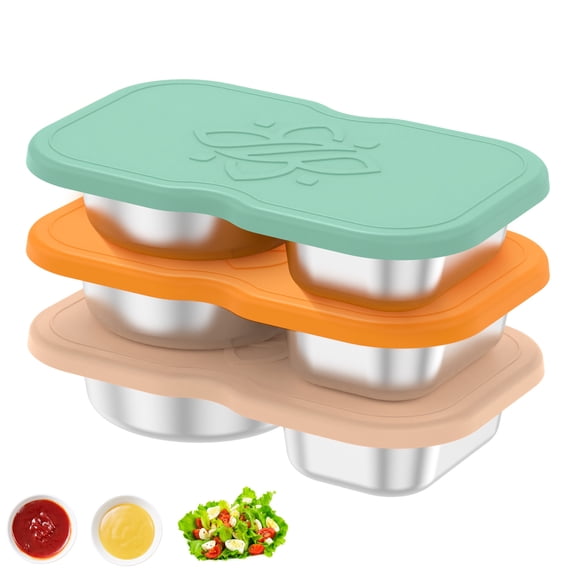 FKSZLL 3 Pack Stainless Steel Snack Containers 5.1oz Double Compartment Reusable Condiment Container Snackle Box with Lids for Camping Travel Office