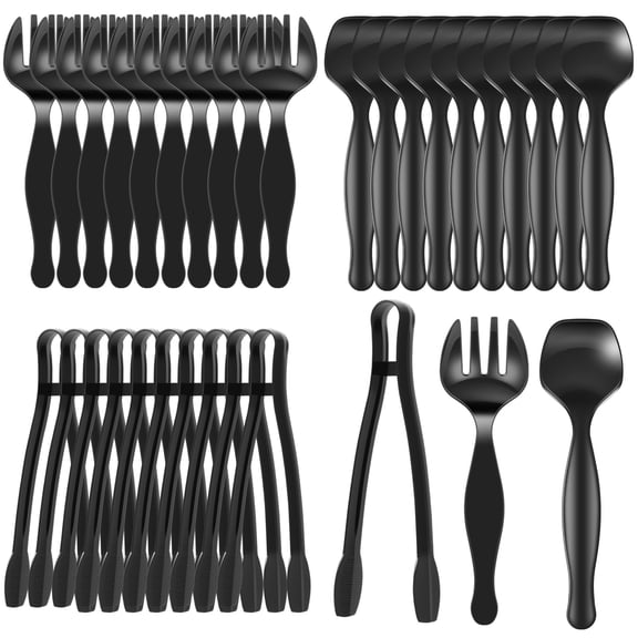 FKSZLL 30Pcs Plastic Serving Utensil Set Large Spoon Fork Tong for Serving Food Heavy Duty Black Large Party Utensil Supply for Buffet Restaurant Dinner Salad Soup,Large size