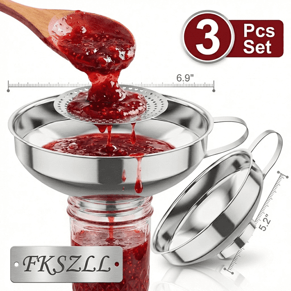 Fkszll 3 Pcs Canning Funnel with Strainer, Food Grade Stainless Steel Canning Funnels,Wide-Mouth Funnels for Kitchen Use for Filling Mason Jar for Jam Oil Spice Sugar Flour