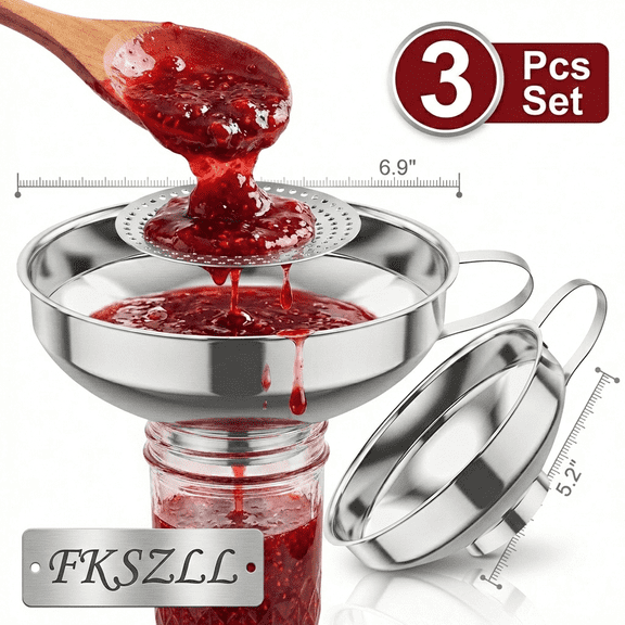 Fkszll 3 Pcs Canning Funnel with Strainer, Food Grade Stainless Steel Canning Funnels,Wide-Mouth Funnels for Kitchen Use for Filling Mason Jar for Jam Oil Spice Sugar Flour