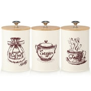 FKSZLL 3Pcs Coffee and Sugar Container Set Vintage Sugar Canisters Set Coffee Sugar Tea Storage Container Set with Airtight wooden Lid for Kitchen ﻿