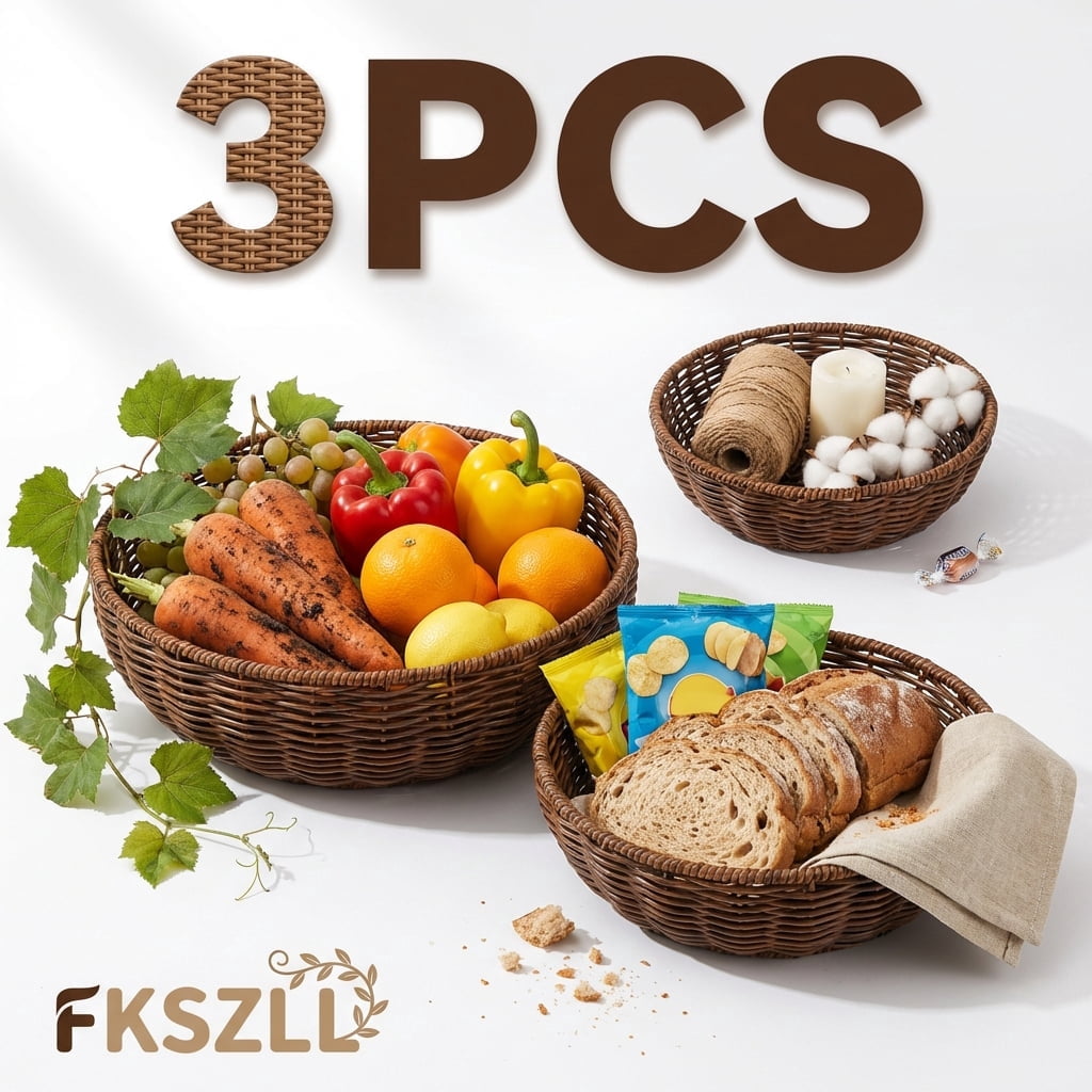 Serving Baskets Set of 3, Round Poly Wicker Bread and Fruit Basket for Food, Washable Storage Bowls for Kitchen Counter