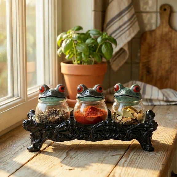 FKSZLL 3Pcs Witchy Frog Style Spice Jar Unique Decorative Seasoning Storage Jar Glass Gothic Style Spice Container with Lid for Storing Salt Pepper Herb