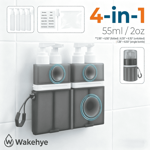 4 in 1 Travel Dispenser Bottle, TSA Approved Refillable Leak Proof Travel Toiletry Containers with Vacuum Silicone Suction Cup, 2oz