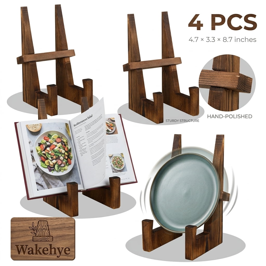 4 Pcs Wooden Plate Display Stand 8.66 Inch Plate Holder for Decor Wooden Picture Frame Holder Stand Decorative Table Top Easels for Home