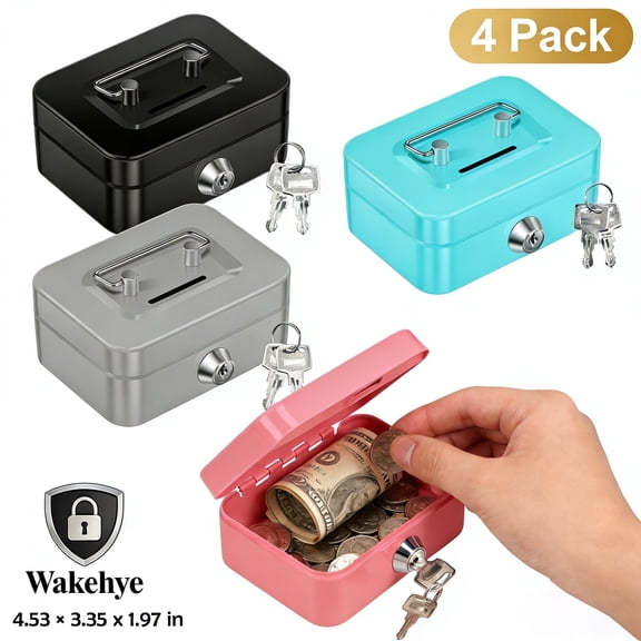 4-Piece Mini Cash Box with Lock, Small Metal Safe Box with Money Slot Kids Piggy Bank, 4.53" x 3.35" x 1.97"