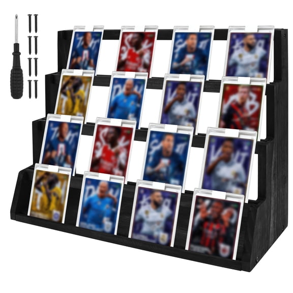 FKSZLL 4 Tier Trading Card Display Stand Wooden Graded Baseball Football Sport Card Display Vertical Holder for Collection and Show (Black)