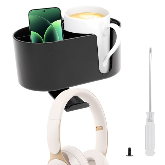 4 in 1 Desk Cup Holder Clamp, Under Desk Headphone Hanger Organizer Clip On Table Storage for Pens and Phones fits 18-32oz Bottles