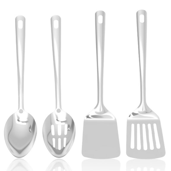 FKSZLL 4Pcs Cooking Utensils Set, Stainless Steel Kitchen Utensils Set Heavy Duty Metal Kitchen Cooking Accessories with Solid and Slotted Spatula Serving Spoon for Home