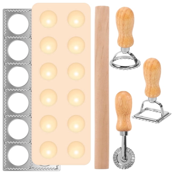 FKSZLL 5Pcs Ravioli Maker Mold Set 12 Hole Ravioli Press Maker with Roller Wheel Wood Rolling Pin Square and Round Pasta Cutter Stamp for Kitchen Home