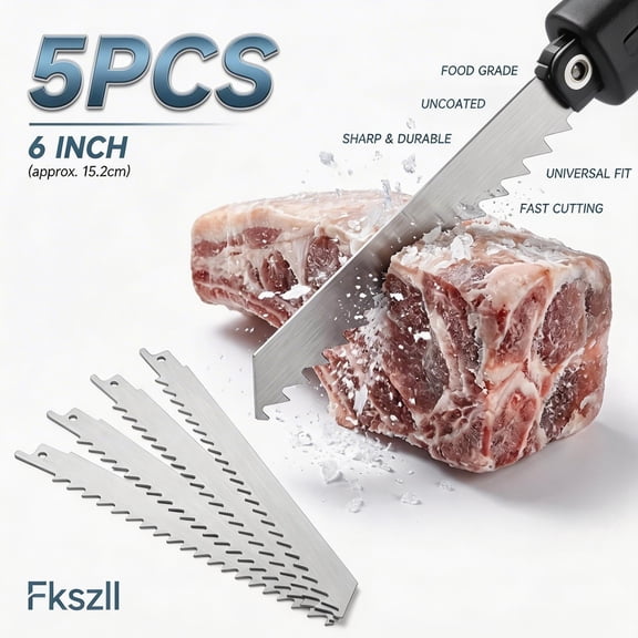 Fkszll 5Pcs Meat Saw, 6 Inch Stainless Steel Reciprocating Saw Blades, 3 TPI Food Saw Blade for Food Cutting, Frozen Meat, Beef, Sheep, Cured Ham, Turkey, Bone