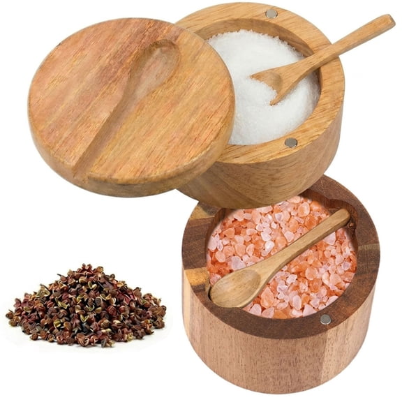 Fkszll Acacia Wood Salt Cellar, 2-Layer Rotatable Salt Box with Built-in Spoon, Magnetic Swivel Lid, 9oz Salt Container for Kitchen Countertop