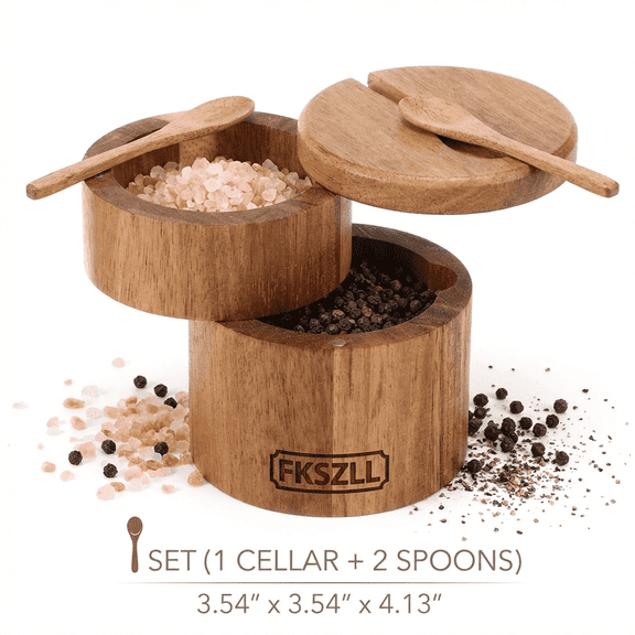 Fkszll Acacia Wood Salt Cellar 2 Layer Salt Container with Built in Spoon and Magnetic Swivel Lid Small Wooden Box for Keeping Herb or Favorite Seasoning