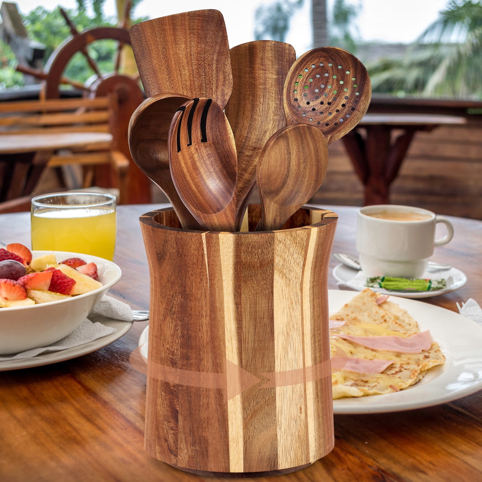 FKSZLL Acacia Wood Utensil Holder for Kitchen Counter 360° Rotating Cooking Utensil Crock for Countertop Cooking Tool Organizer for Spatula Storage (L: 5.91" x 18.59" x 5.91")