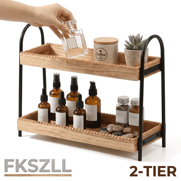 2-Tier Bathroom Counter Organizer, Wood Countertop Vanity Tray with Handles for Skincare and Perfume, Rustic Brown