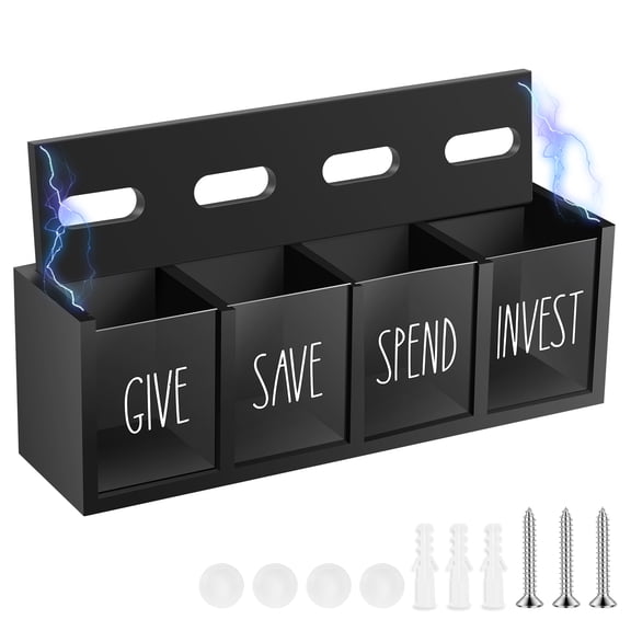 FKSZLL Black Wooden Give Save Spend Invest Money Saving Box Countertop Wall Mount Piggy Bank for Daily Cash Bill and Penny Visualized Piggy Bank for Living Room Laundry Room