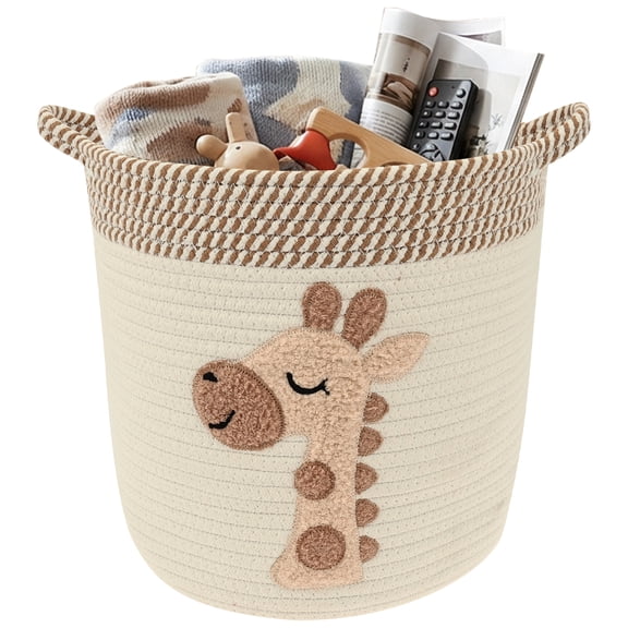 FKSZLL Blanket Basket for Living Room Decor Cotton Rope Toy Storage Basket for Kid Dog Toy Organizer Clothes Hamper with Embroidery Decor for Nursery Laundry (Giraffe)